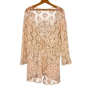 Tickled Pink Cream Crochet Lace Cardigan Floral Boho Tie Front Whimsical Cotton
